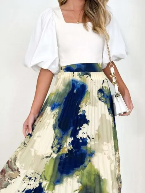 Printed A-Line Pleated Skirt with Elegant Drapery