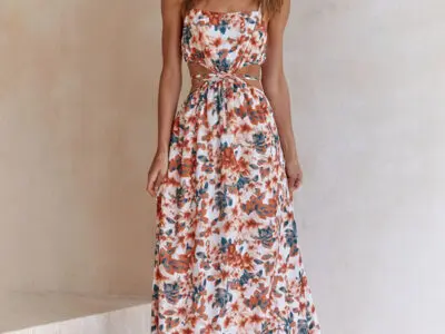 Chic and Playful / Waist Tie Hollow Suspender Dress with Fresh Print