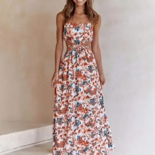 Chic and Playful / Waist Tie Hollow Suspender Dress with Fresh Print