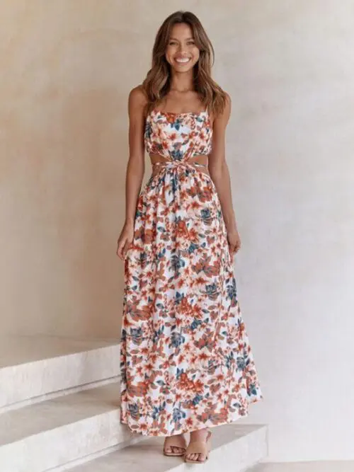 Chic and Playful / Waist Tie Hollow Suspender Dress with Fresh Print