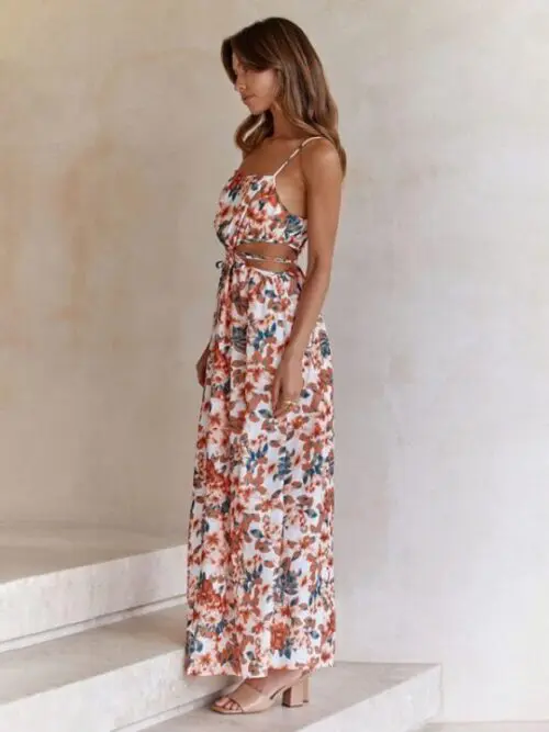 Chic and Playful / Waist Tie Hollow Suspender Dress with Fresh Print