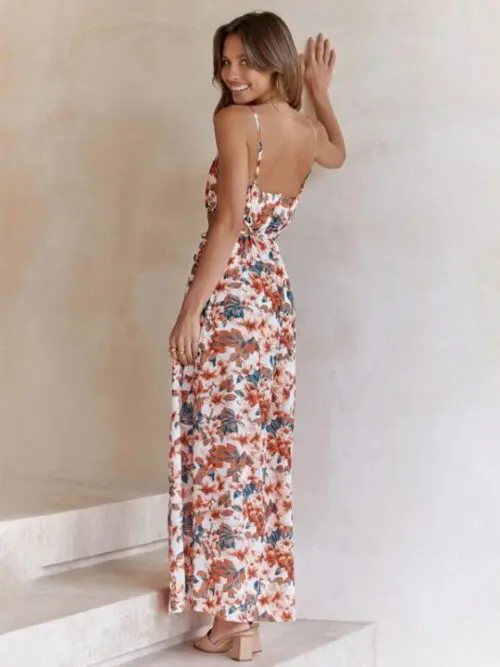 Chic and Playful / Waist Tie Hollow Suspender Dress with Fresh Print
