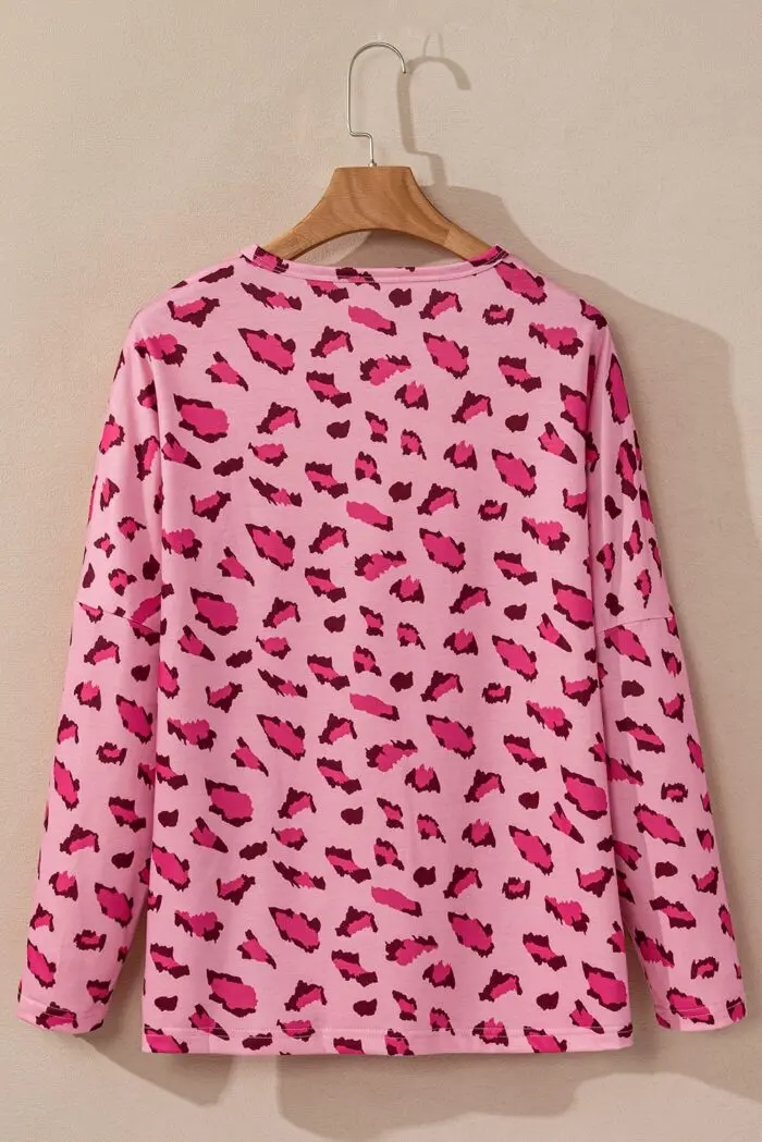 Pink Loose Long Sleeve Top with Animal Print Stitching