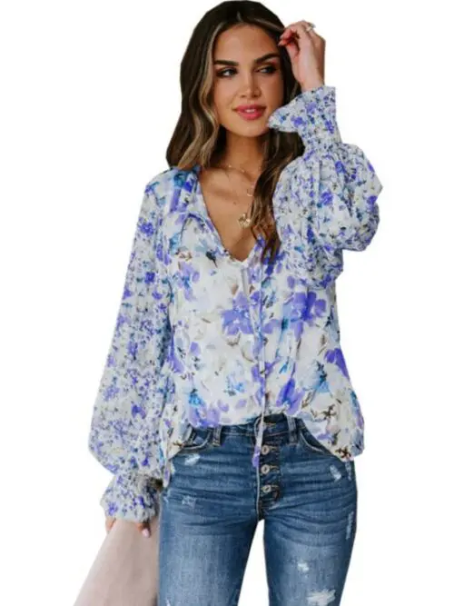 Loose Floral Pattern Fashion Lantern Sleeve Top