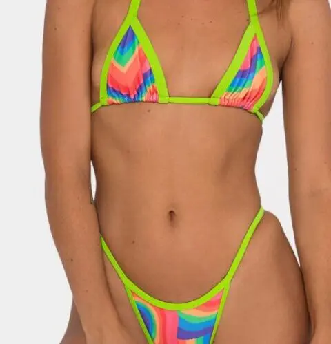 Printed Bikini with Trimmed Edges and Thong-Style Bottom