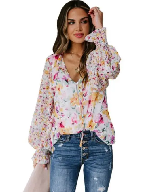 Loose Floral Pattern Fashion Lantern Sleeve Top