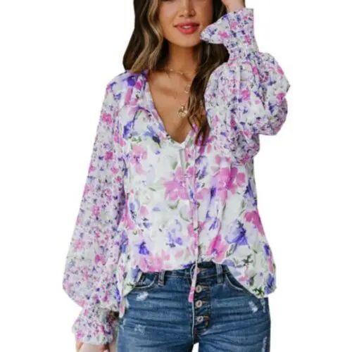 Loose Floral Pattern Fashion Lantern Sleeve Top