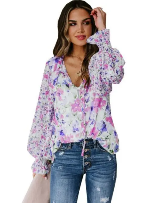 Loose Floral Pattern Fashion Lantern Sleeve Top