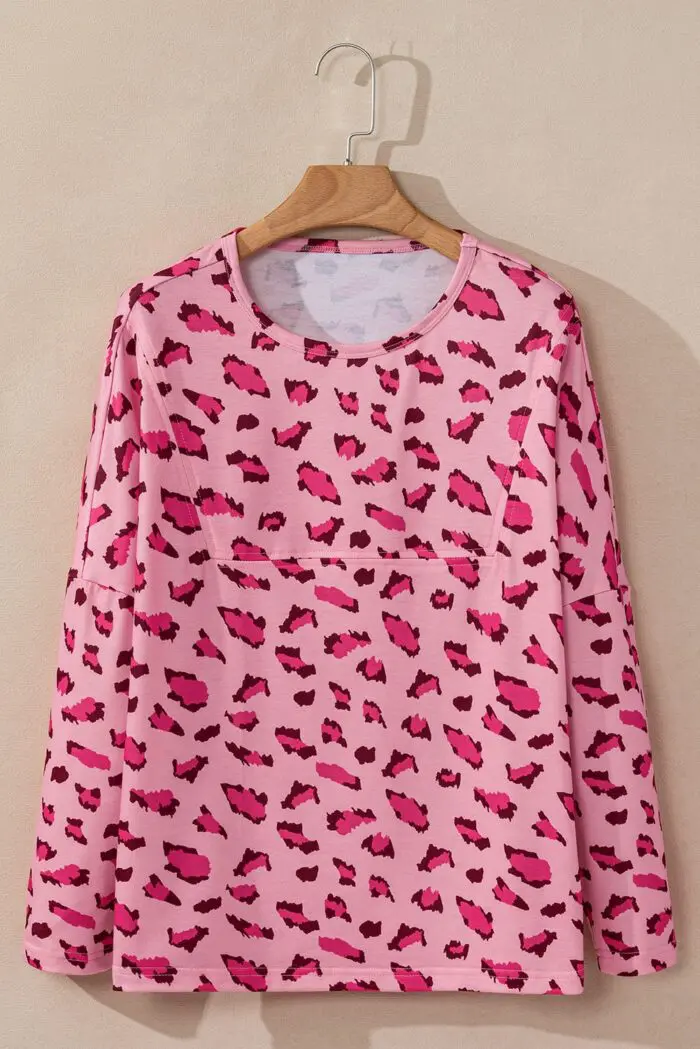 Pink Loose Long Sleeve Top with Animal Print Stitching