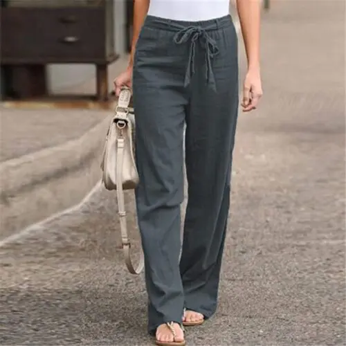 Women’s Elastic Waist Solid Color Belted Loose Trousers