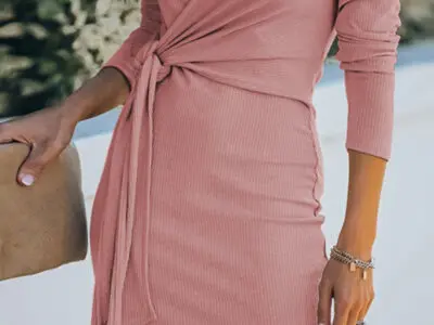 V-Neck Ribbed Dress with Belt