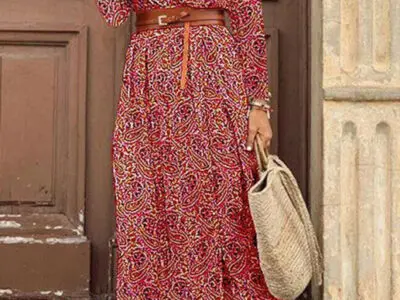 V-Neck Long-Sleeved Printed Long Dress