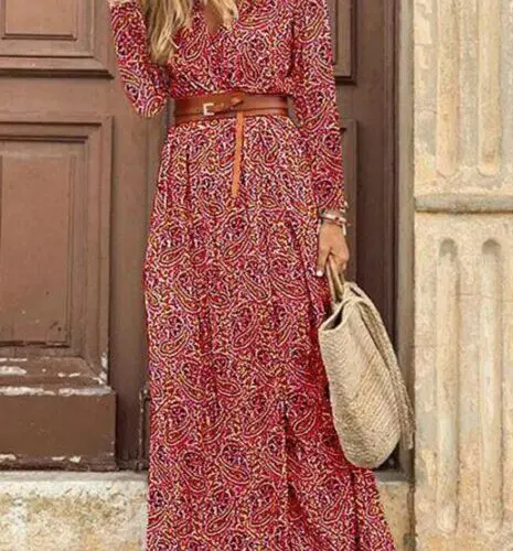 V-Neck Long-Sleeved Printed Long Dress