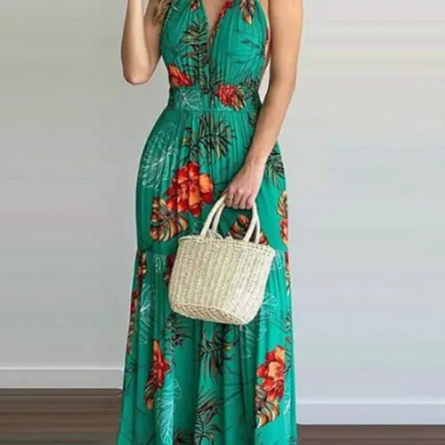 Halterneck Tie V-neck Floral Print Open-back Maxi Dress