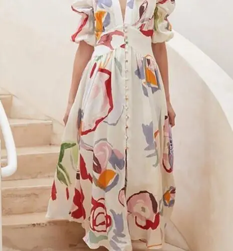 V-neck Slim Fit Chiffon Print Maxi Dress