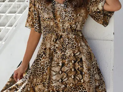 Spring New Irregular Leopard Print Dress V-Neck Skirt