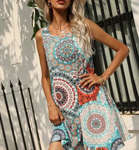 Stylish Printed Vest Dress with Round Neck