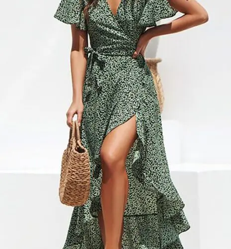 Sexy V-Neck Irregular High Waist Tie Chiffon Print Dress
