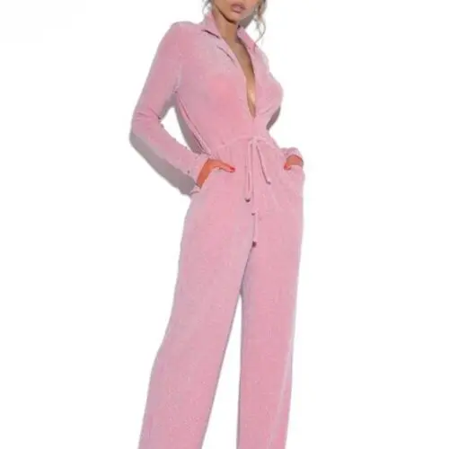 Sensual Wide-Leg Plunging V-Neck Long-Sleeve Jumpsuit