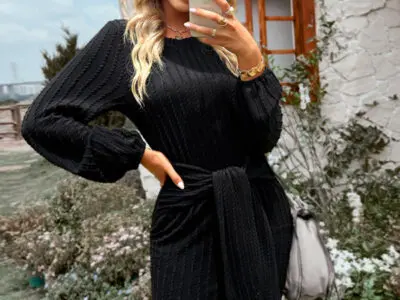 Waist-Slimming Long Sleeve Round Neck Dress