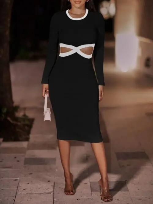 Round Neck Loophole Package Hip Dress