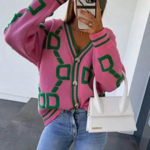 Contrast Single-Breasted Drop-Sleeve Sleeve Sweater Cardigan