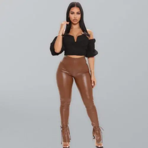 Micro Flared PU Leather Pants with Side Slit