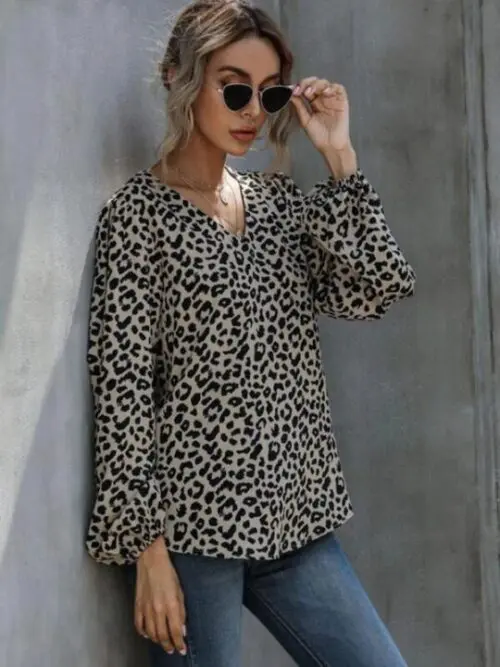 Puff Sleeve Leopard V-Neck Long-sleeved Top