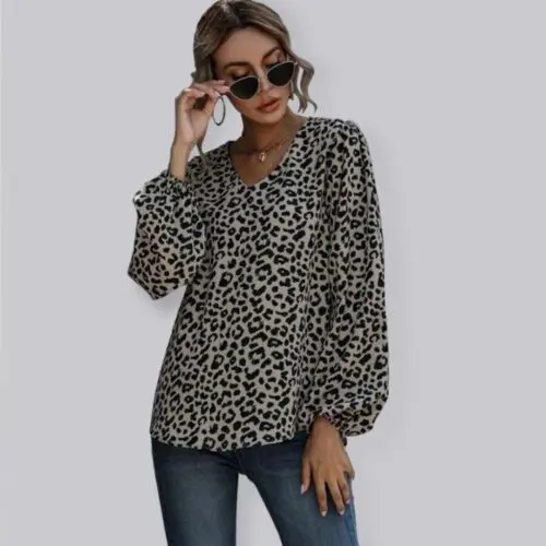 Puff Sleeve Leopard V-Neck Long-sleeved Top