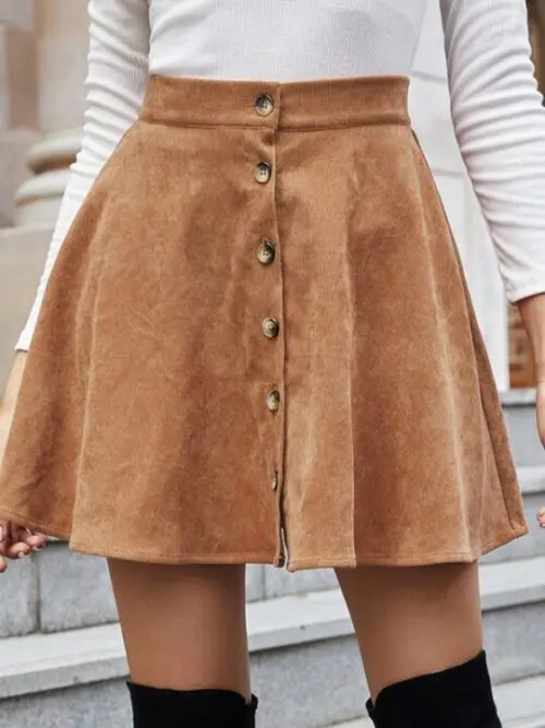 Classic Button-Front Corduroy Skirt in a Solid Color