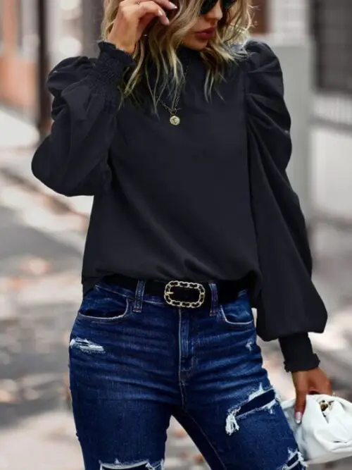 Chic Stand Collar Puff Sleeve Shirt for Women