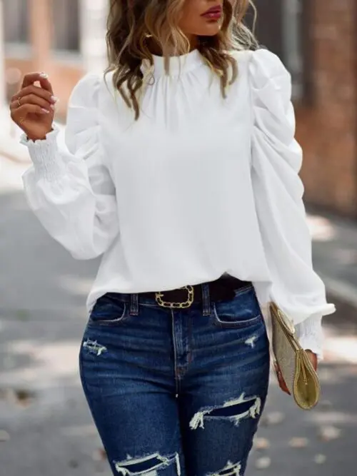 Chic Stand Collar Puff Sleeve Shirt for Women