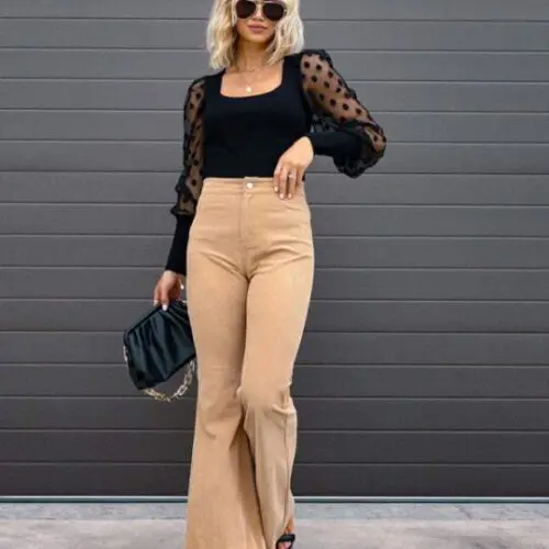 Solid Color High Waist Slim Flared Pants Corduroy High Waist Casual Pants