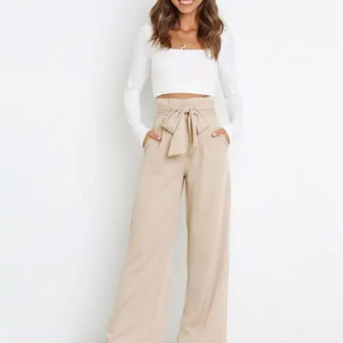 Solid Color Casual All-Matching Belted Wide-Leg Trousers