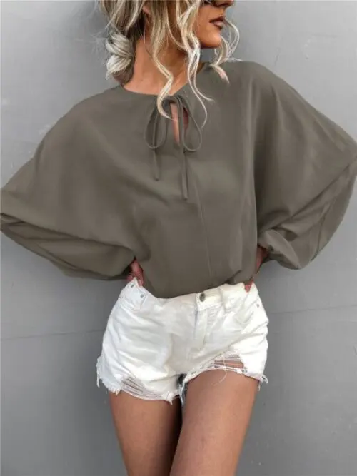 Loose Casual Woven Balloon Sleeve Shirt with Tie V-Neck
