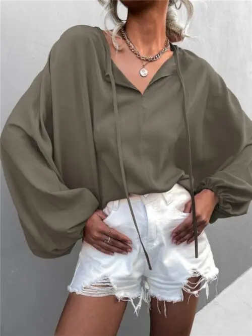 Loose Casual Woven Balloon Sleeve Shirt with Tie V-Neck