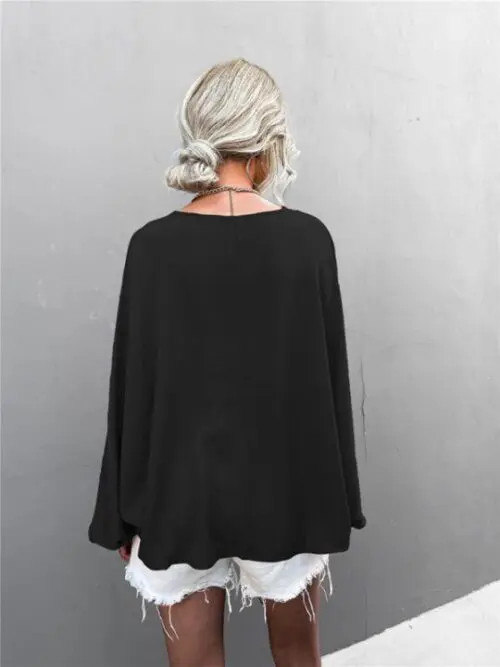 Loose Casual Woven Balloon Sleeve Shirt with Tie V-Neck