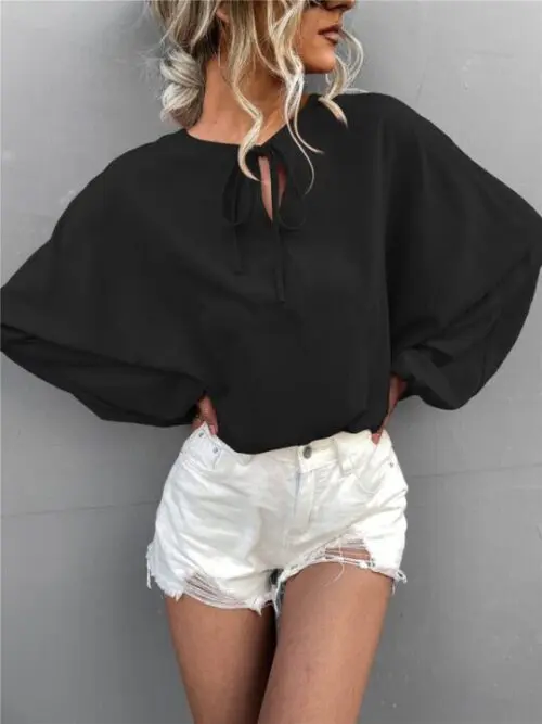 Loose Casual Woven Balloon Sleeve Shirt with Tie V-Neck