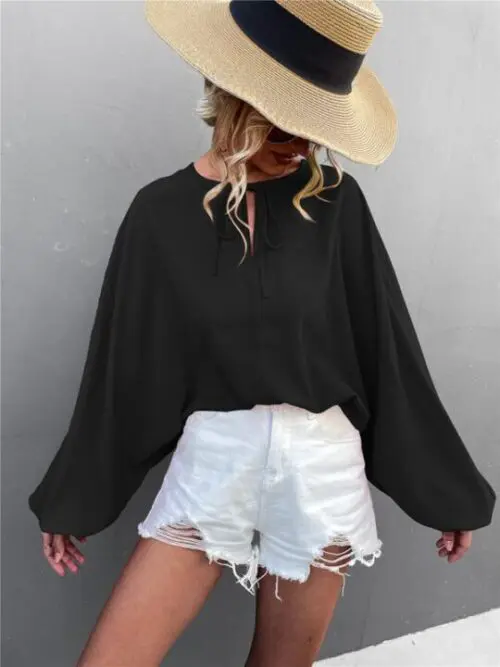 Loose Casual Woven Balloon Sleeve Shirt with Tie V-Neck