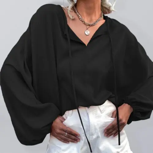 Loose Casual Woven Balloon Sleeve Shirt with Tie V-Neck