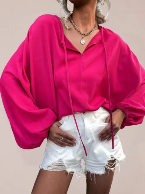 Loose Casual Woven Balloon Sleeve Shirt with Tie V-Neck