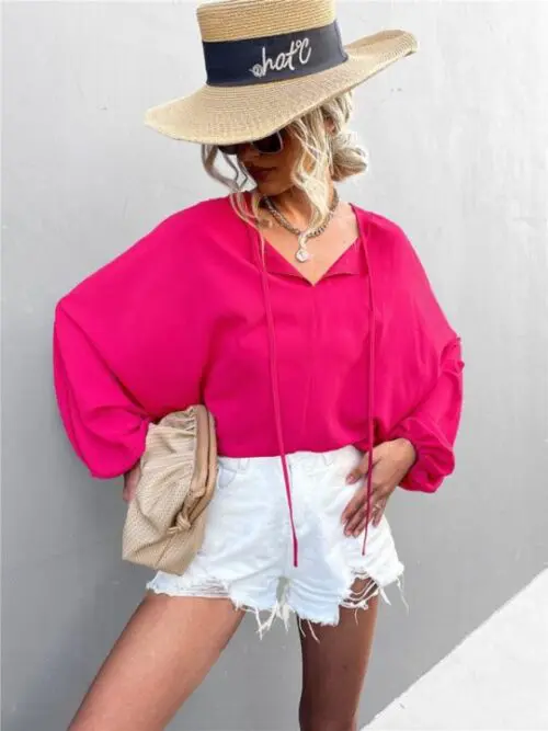 Loose Casual Woven Balloon Sleeve Shirt with Tie V-Neck