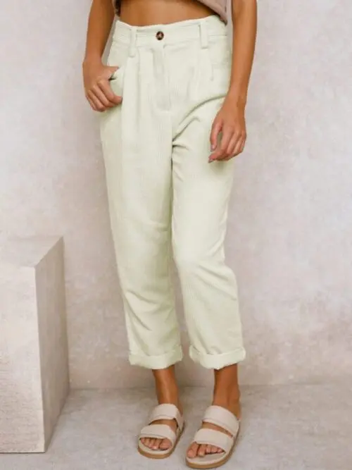 High Waist Lounge Pants – Solid Color Corduroy Loose Straight Leg Trousers
