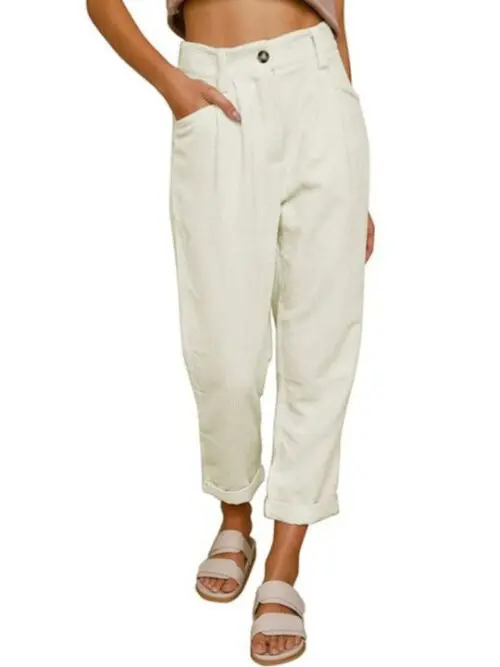 High Waist Lounge Pants – Solid Color Corduroy Loose Straight Leg Trousers
