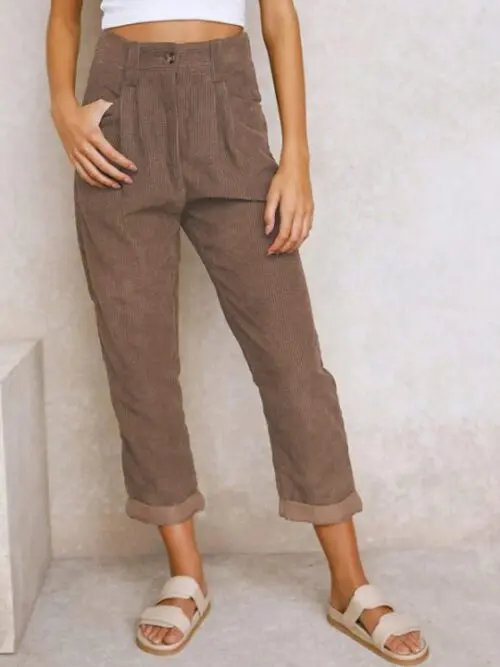 High Waist Lounge Pants – Solid Color Corduroy Loose Straight Leg Trousers