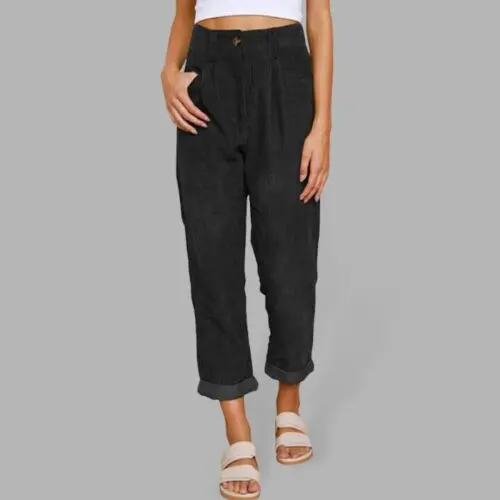 High Waist Lounge Pants – Solid Color Corduroy Loose Straight Leg Trousers
