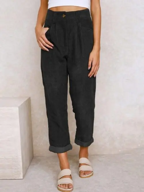 High Waist Lounge Pants – Solid Color Corduroy Loose Straight Leg Trousers