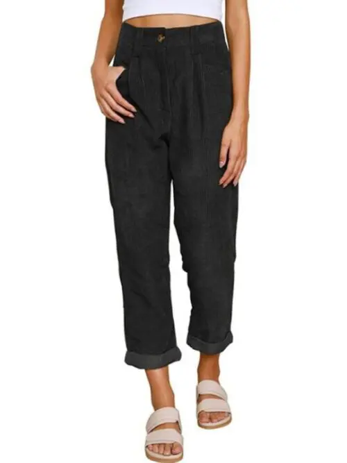 High Waist Lounge Pants – Solid Color Corduroy Loose Straight Leg Trousers