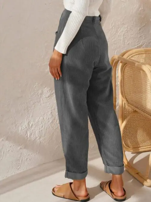 High Waist Lounge Pants – Solid Color Corduroy Loose Straight Leg Trousers