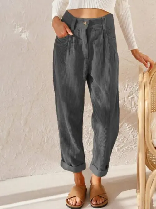 High Waist Lounge Pants – Solid Color Corduroy Loose Straight Leg Trousers